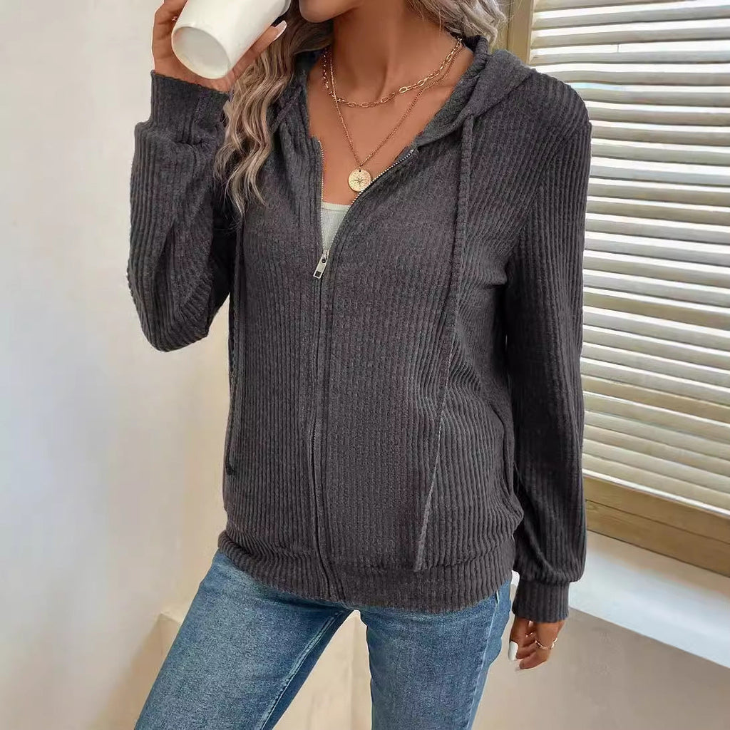 Damen gemütliche Kapuzenjacke im stylischen Rippstrickdesign GR