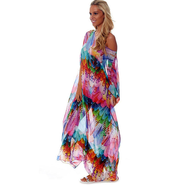 Women's beach kaftan with colorful feather design and airy cut, size S