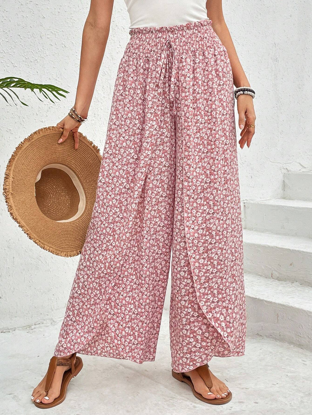 Damen weite Sommerhose mit elastischem Bund und floralem Design GR
