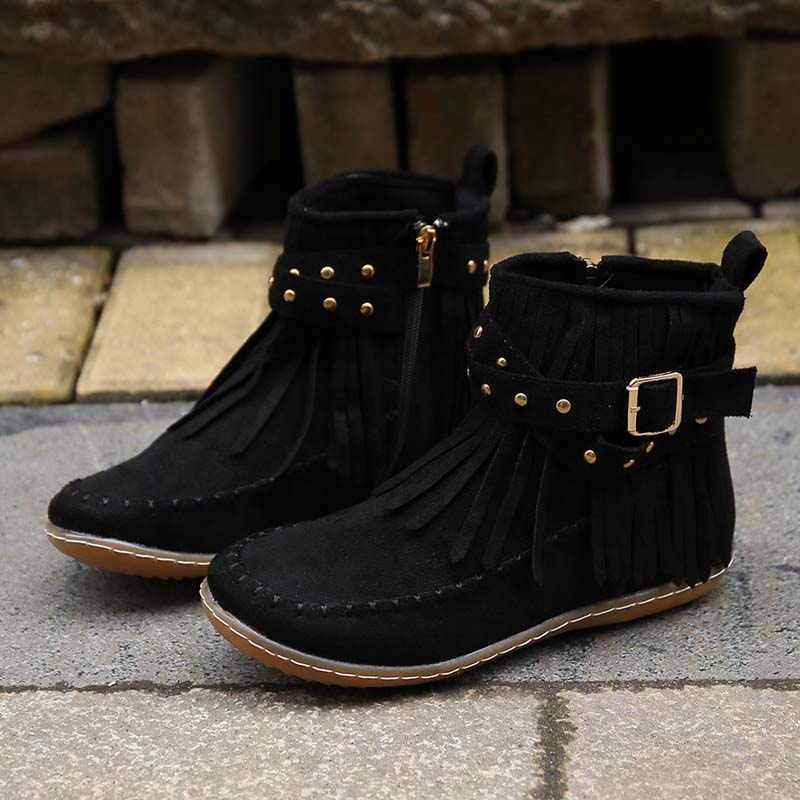 GR | Boho ankle boots with fringes and buckles for women