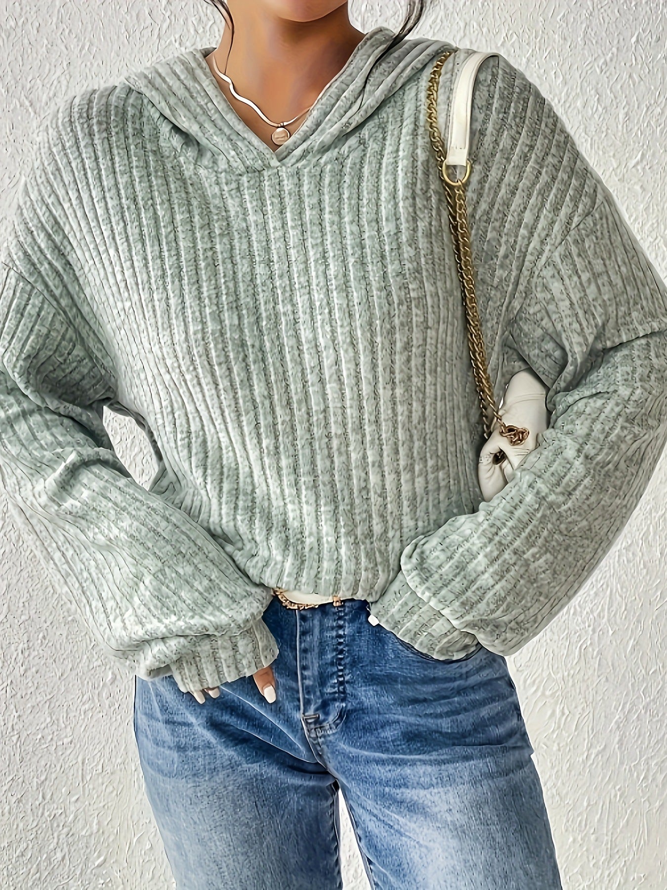 Damen lässiger Kapuzenpullover mit stilvollem Rippmuster und überschnittenen Ärmeln GR