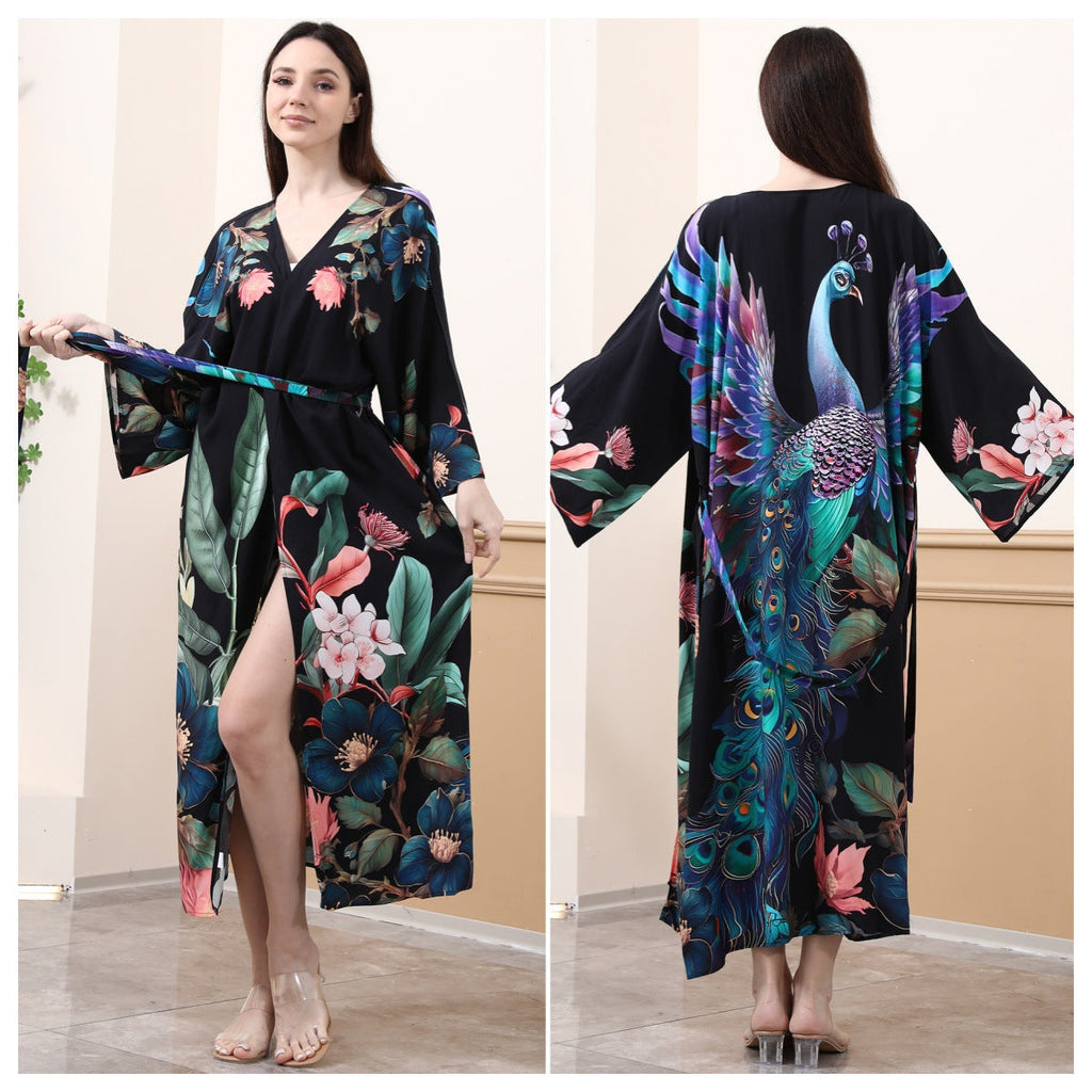 Women's kimono with colorful peacock motif and wide cut, size S