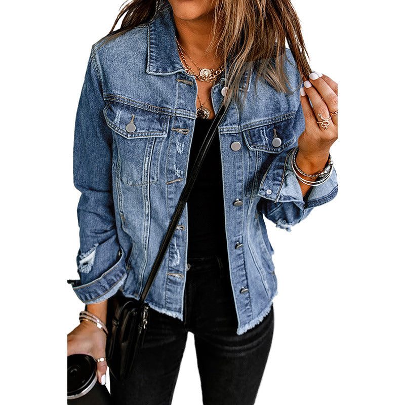 Women's denim jacket with a relaxed fit and functional pockets, size