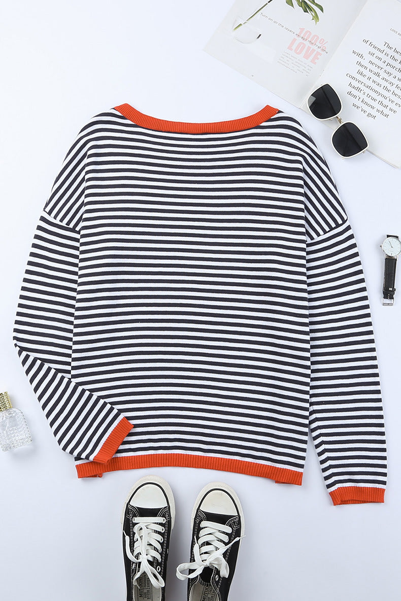 GR Kontrast gestreifter Drop-Shoulder-Pullover