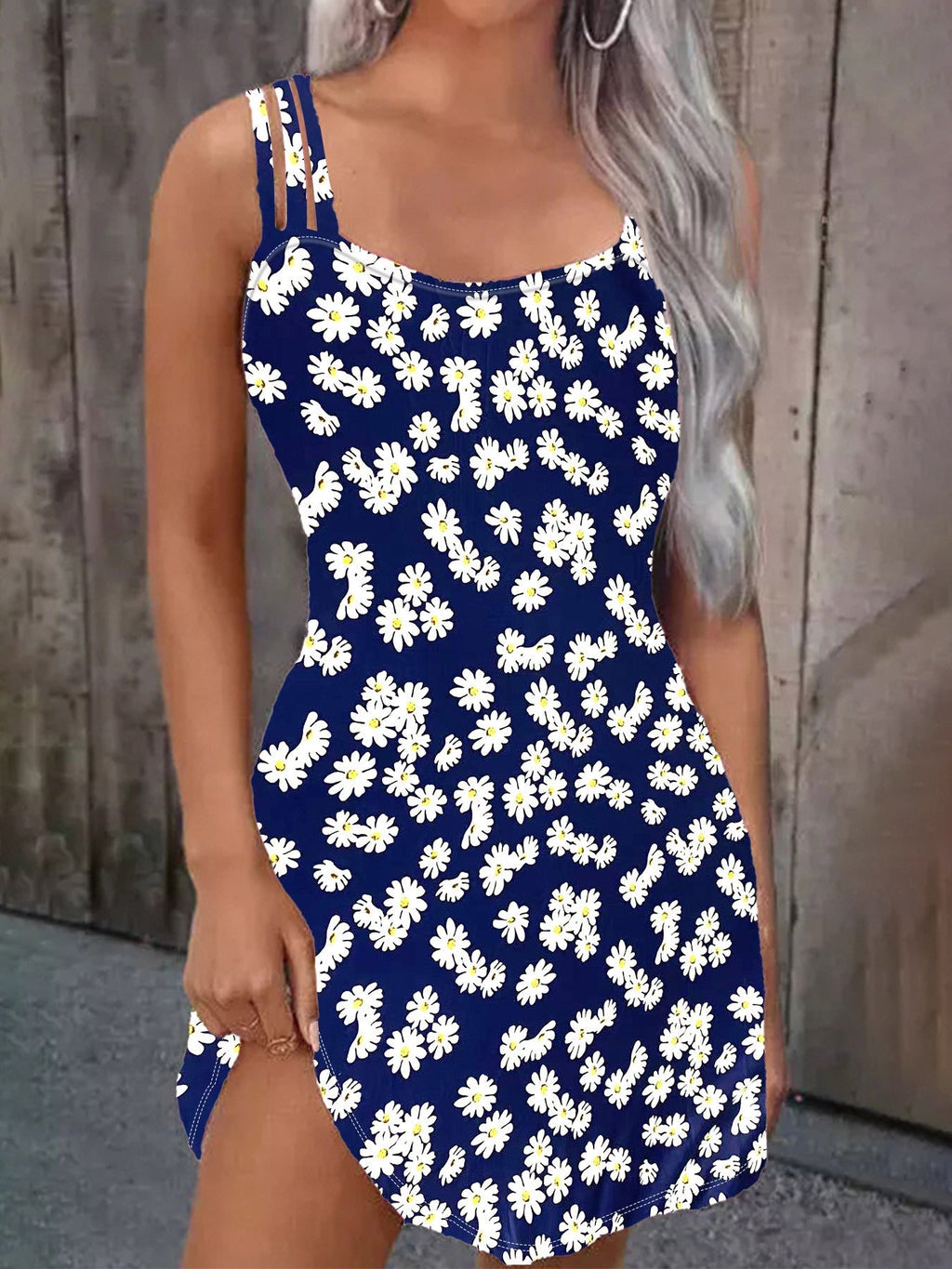 Niedliches Ärmelloses Mini-Strandkleid mit Gänseblümchen-Motiv GR