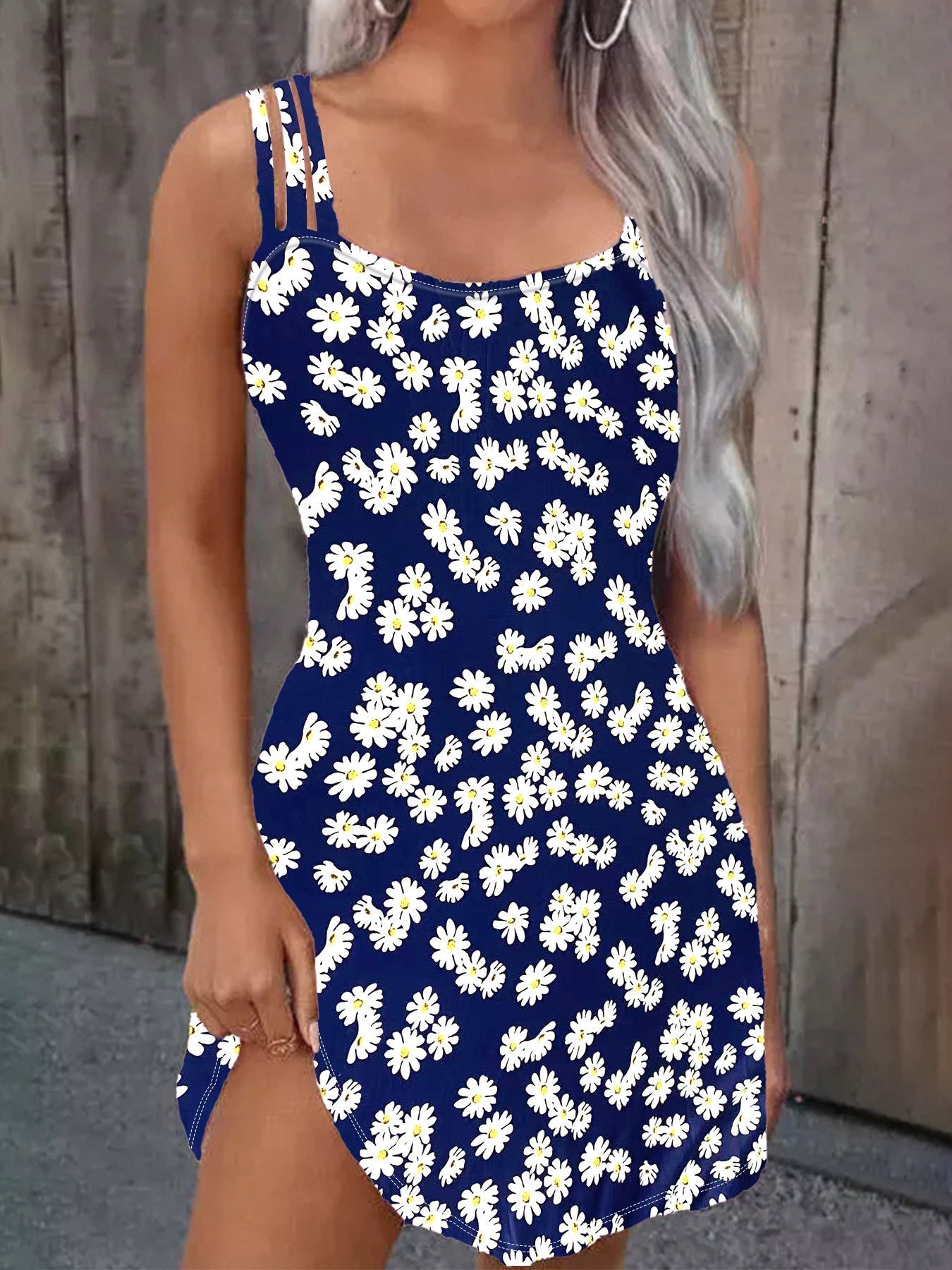 Niedliches Ärmelloses Mini-Strandkleid mit Gänseblümchen-Motiv GR
