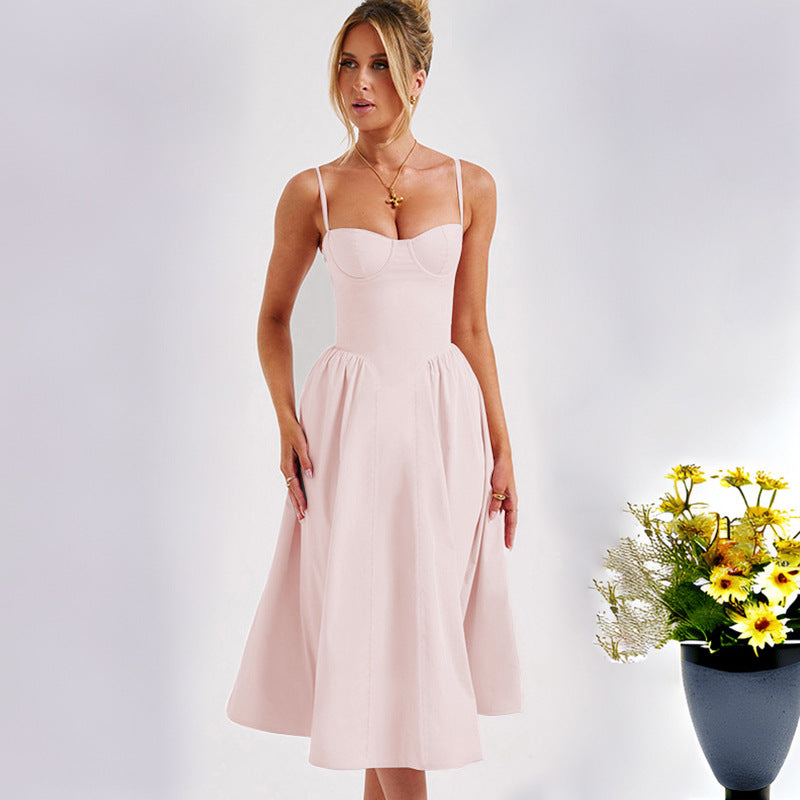 Women's midi dress with elegant bustier top and flowing skirt, size GR