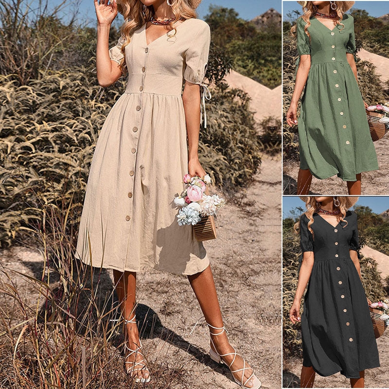 Women's knee-length summer dress with V-neck and romantic button details, size