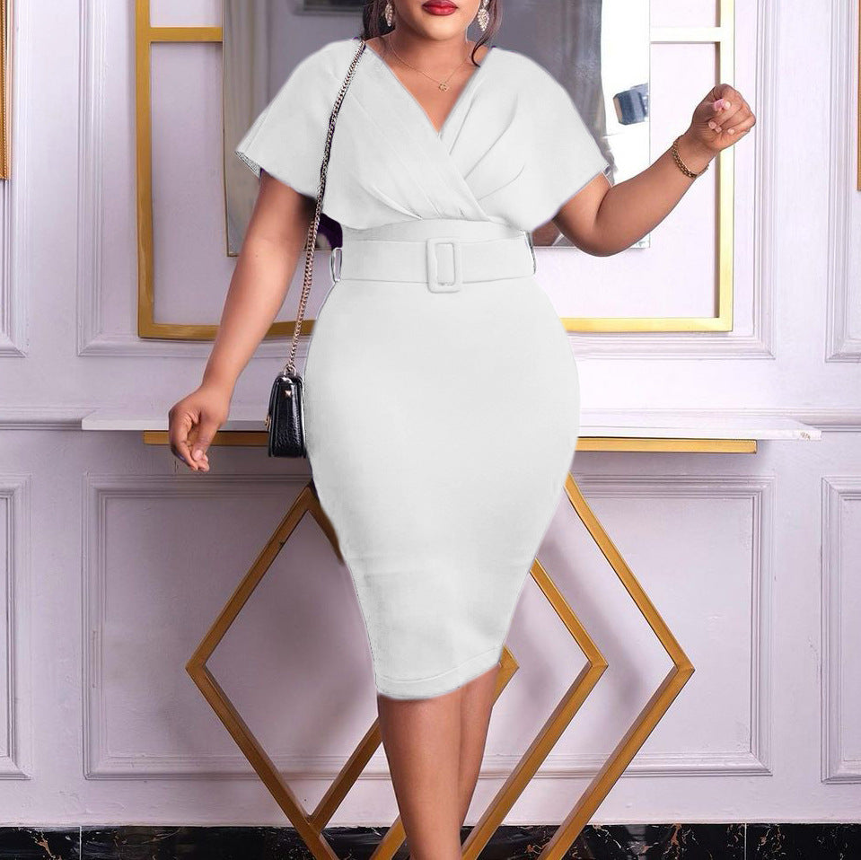 GR | Damen V-Ausschnitt Figurbetontes Midi Kleid mit Gürtel