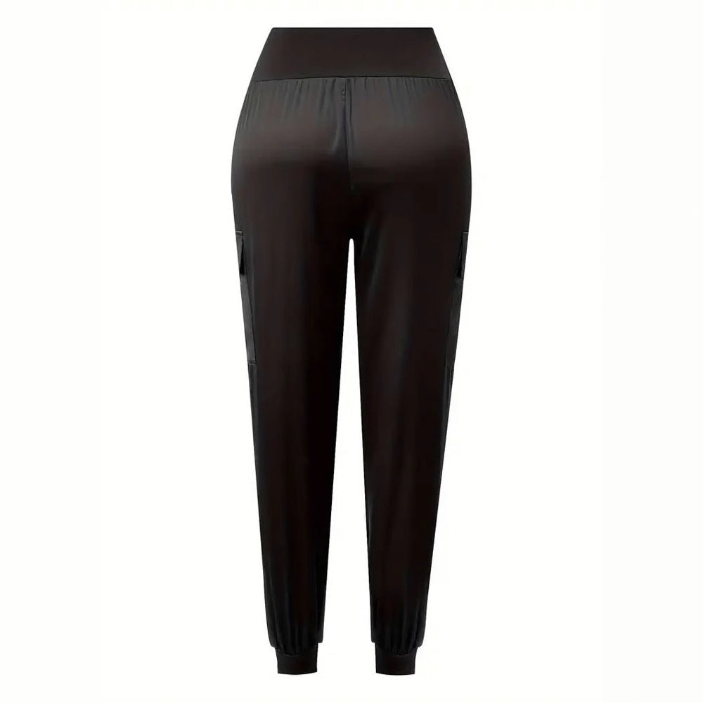 Women's satin cargo trousers with elasticated waistband and practical pockets, size