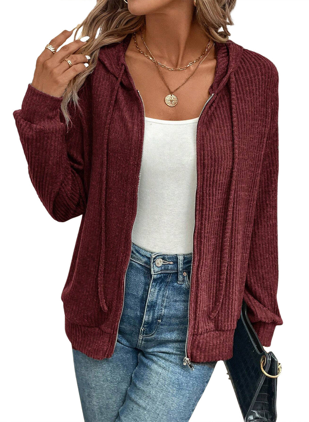 Damen gemütliche Kapuzenjacke im stylischen Rippstrickdesign GR