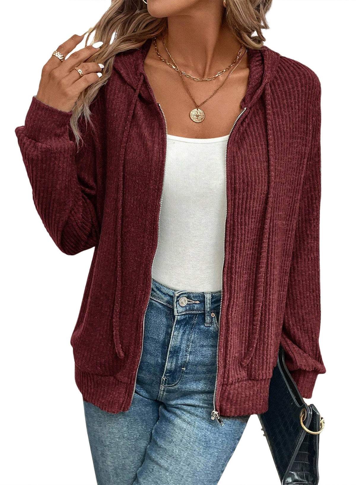 Damen gemütliche Kapuzenjacke im stylischen Rippstrickdesign GR