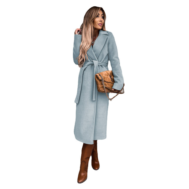 Women's elegant long coat with belt and high collar, size