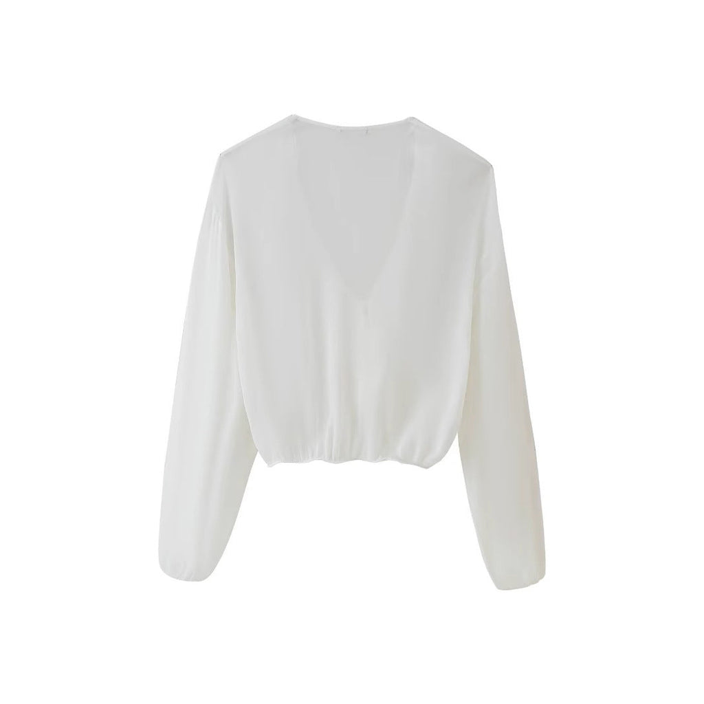 Damen Bluse mit romantischen Rüschen und tiefem V-Ausschnitt GR