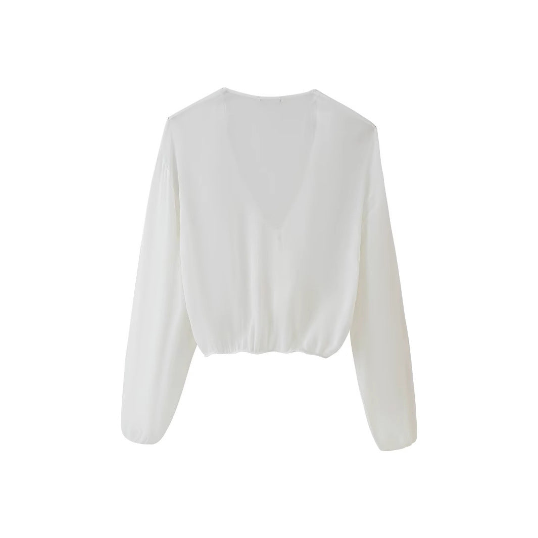 Damen Bluse mit romantischen Rüschen und tiefem V-Ausschnitt GR