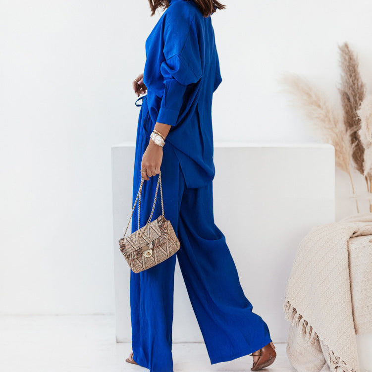 Women's casual two-piece set with long-sleeved blouse and wide-leg trousers, size