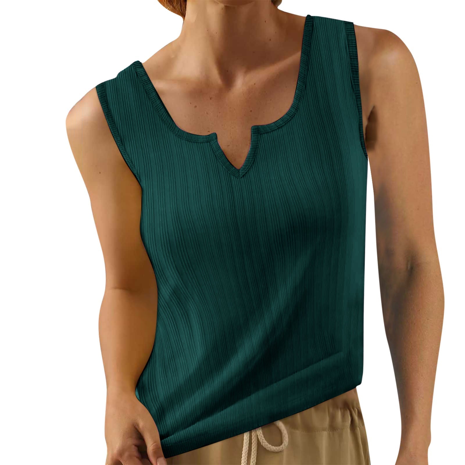Women's sleeveless top with structured V-neck and fine rib design, size GR