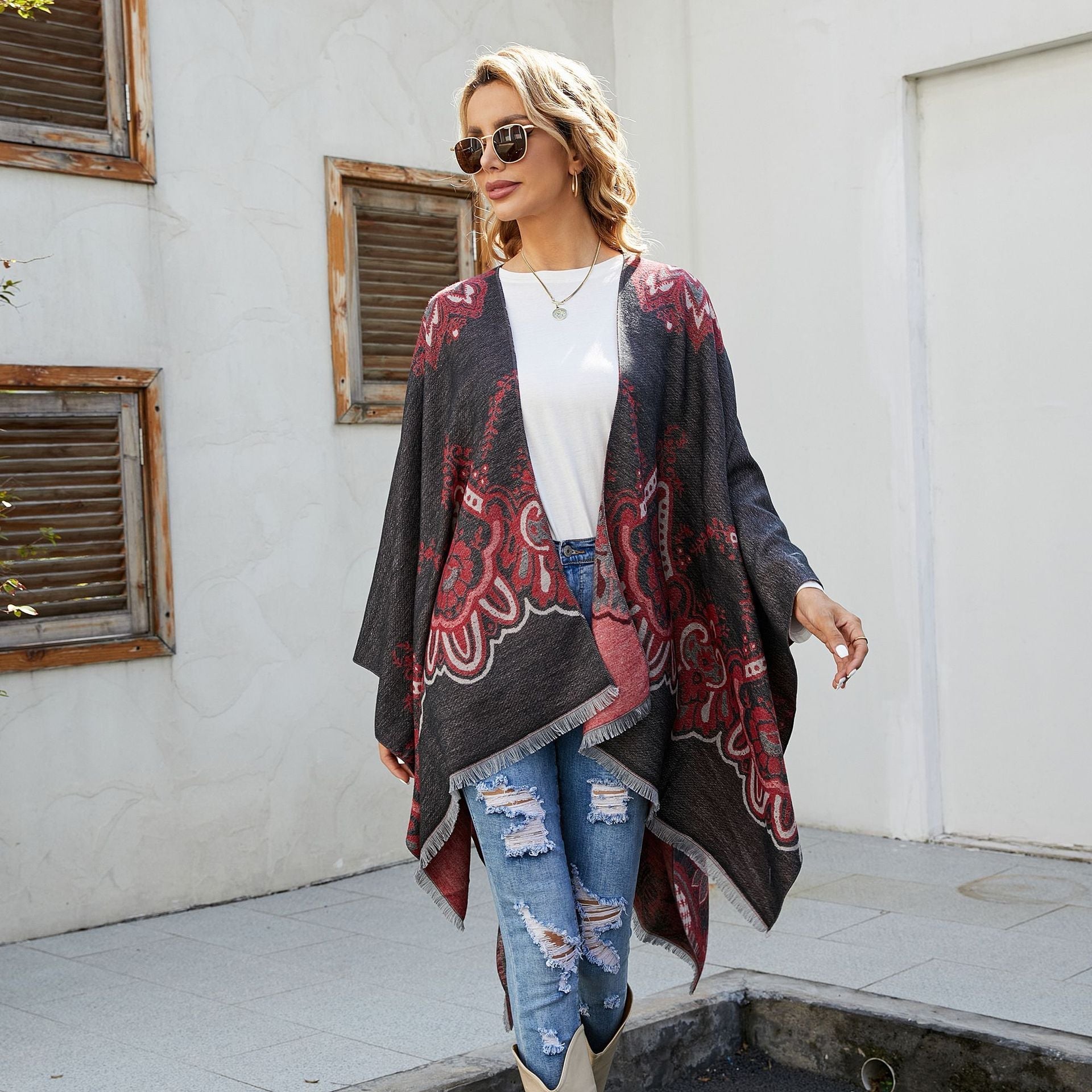 Women's Elegant Kimono Poncho with Artful Pattern and Fringed Edges GR