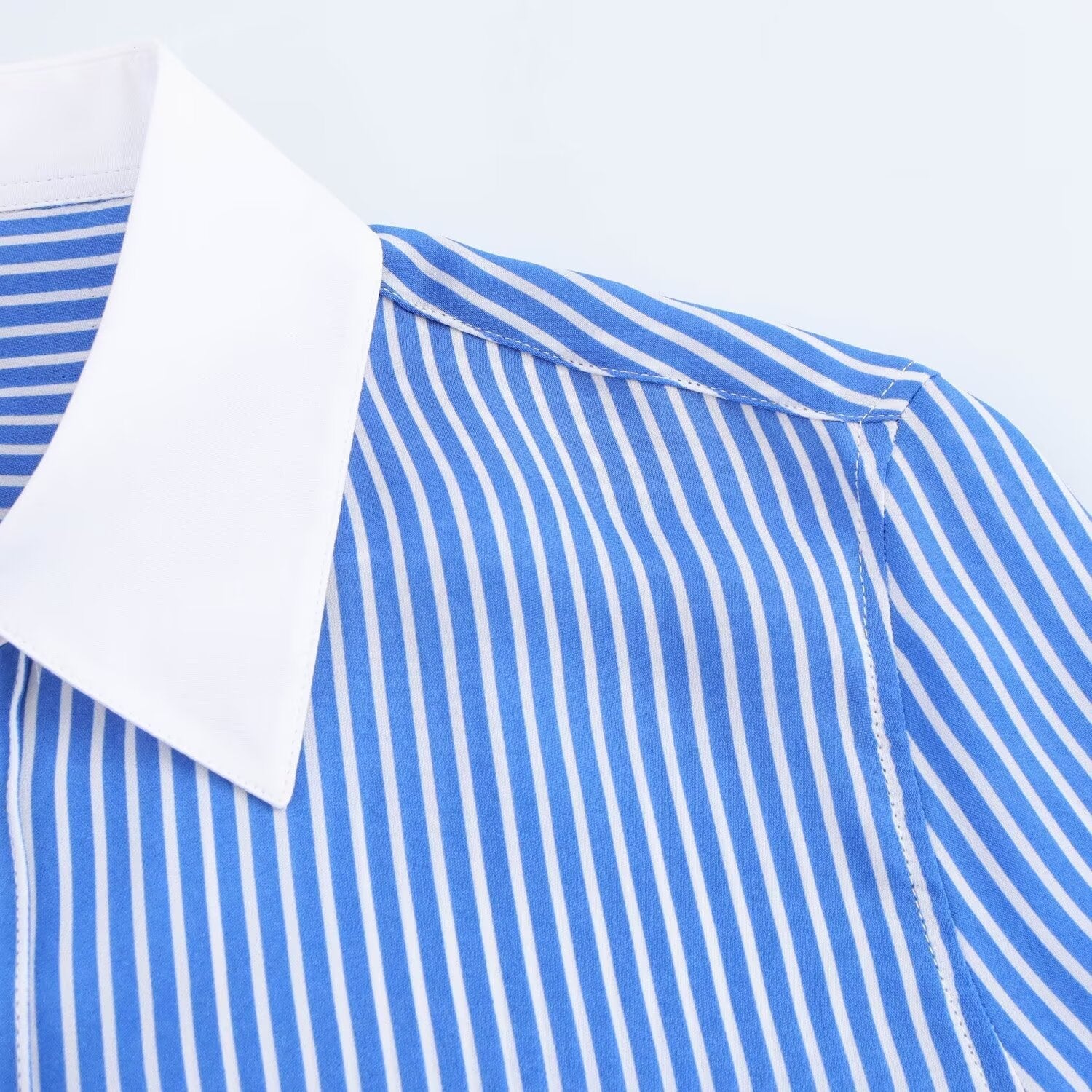GR | Modische Blau Weiß Gestreifte Revers Vielseitige Bluse
