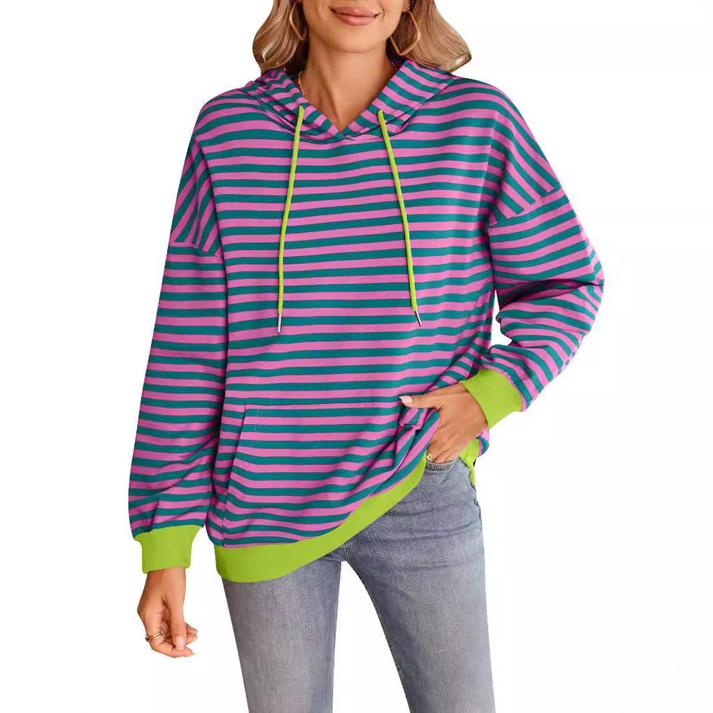 Damen gestreifter Kapuzenpullover mit stylischer Kängurutasche GR