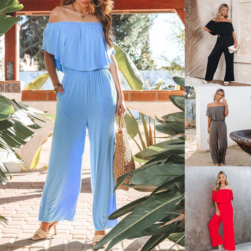 Women's Elegant Off-Shoulder Jumpsuit with Wide Leg and Flowing Top, Size