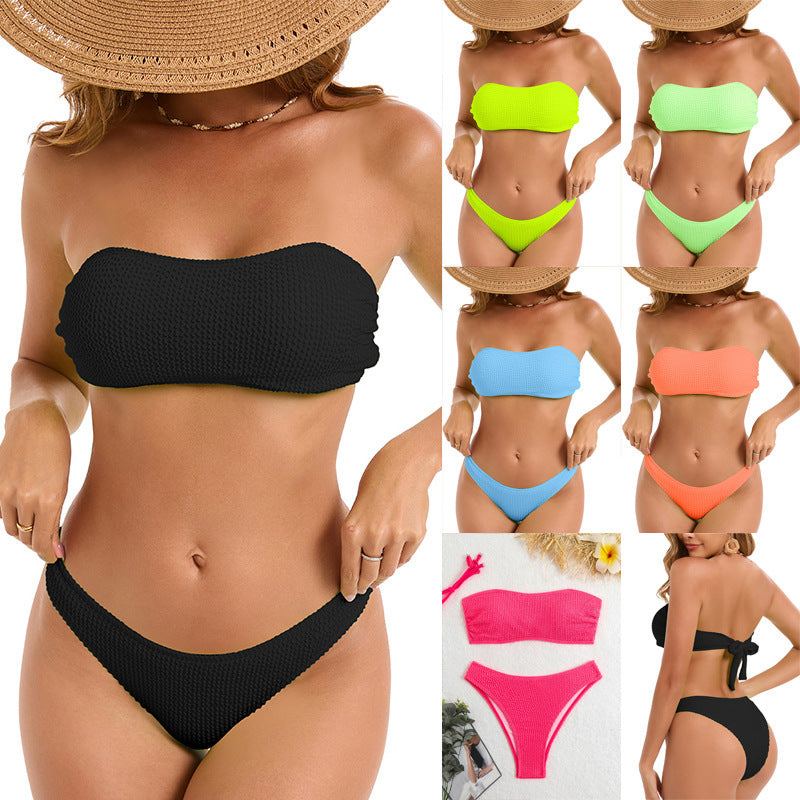 Women's bandeau bikini set with textured material and adjustable straps, size