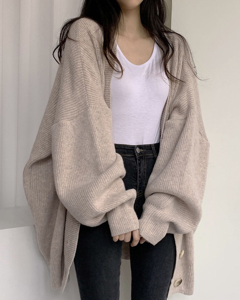 GR V-neck single-breasted loose lantern sleeve knit cardigan