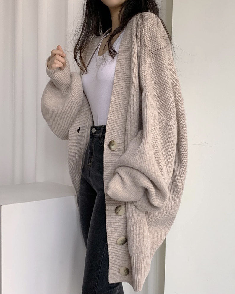 GR V-neck single-breasted loose lantern sleeve knit cardigan