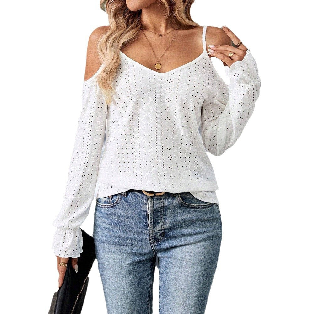 Women's top with off-the-shoulder design and delicate eyelet embroidery, size GR