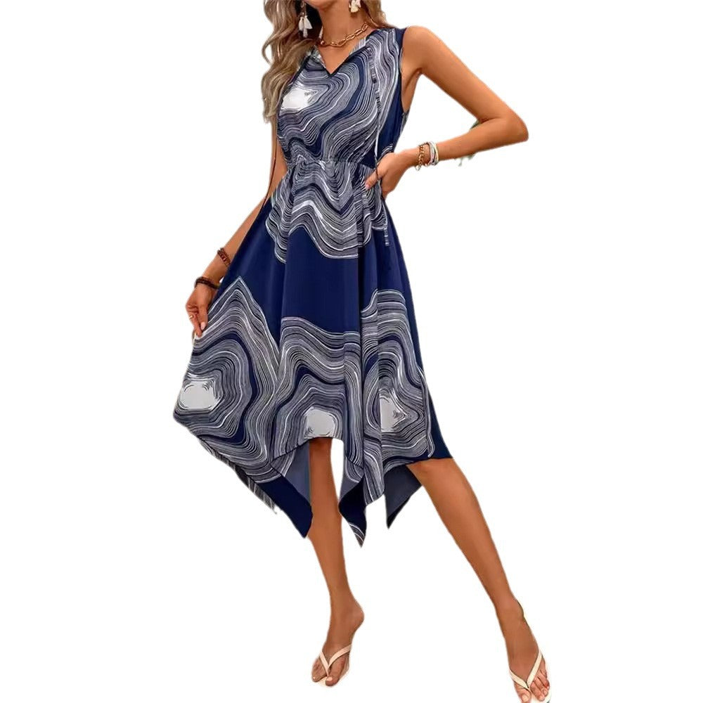 Women's asymmetrical summer dress with wave pattern and V-neck, size