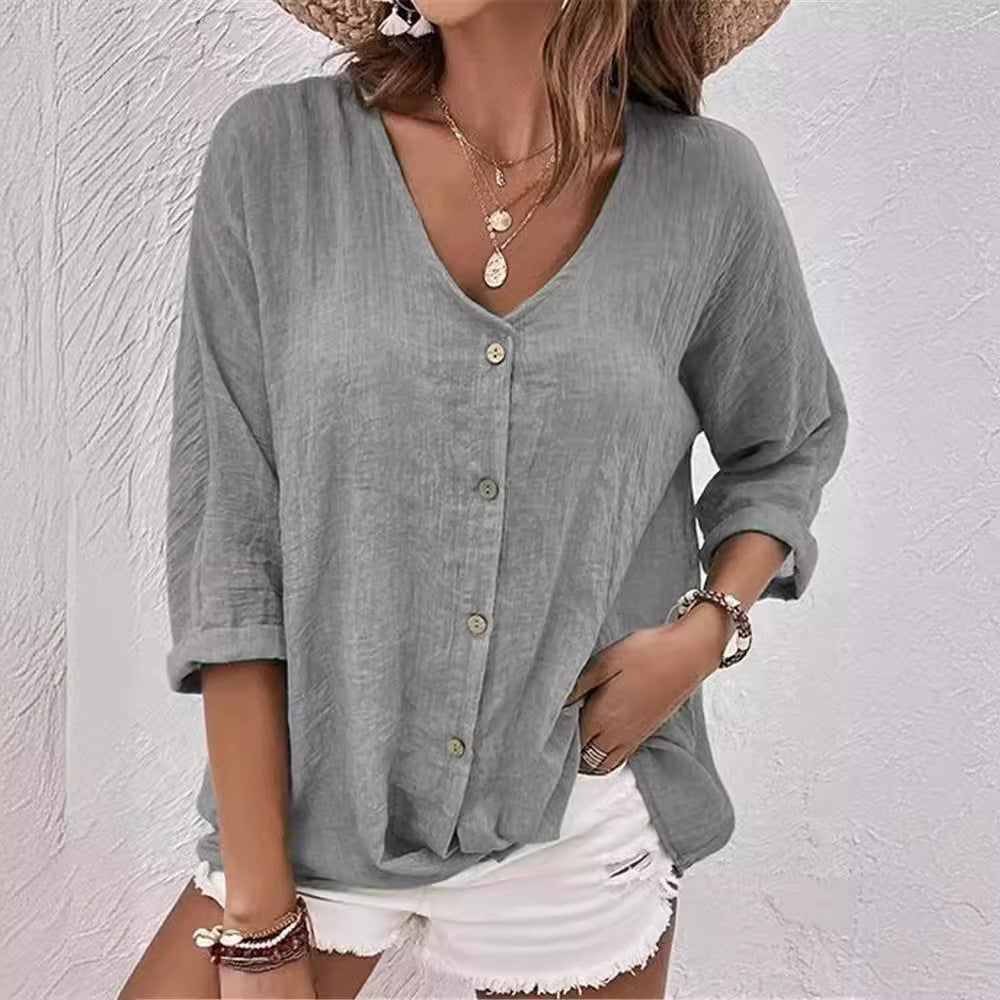 Damen lässige Bluse mit Knopfleiste und V-Ausschnitt GR