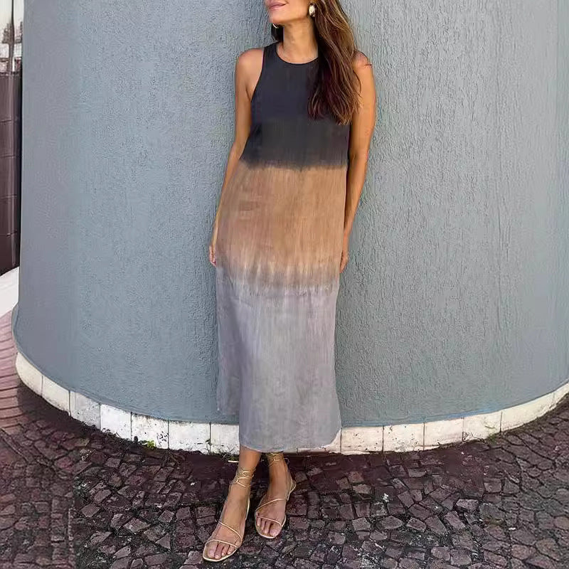 GR | Baumwolle Leinen Ärmelloses Schlitz Gradient Kleid