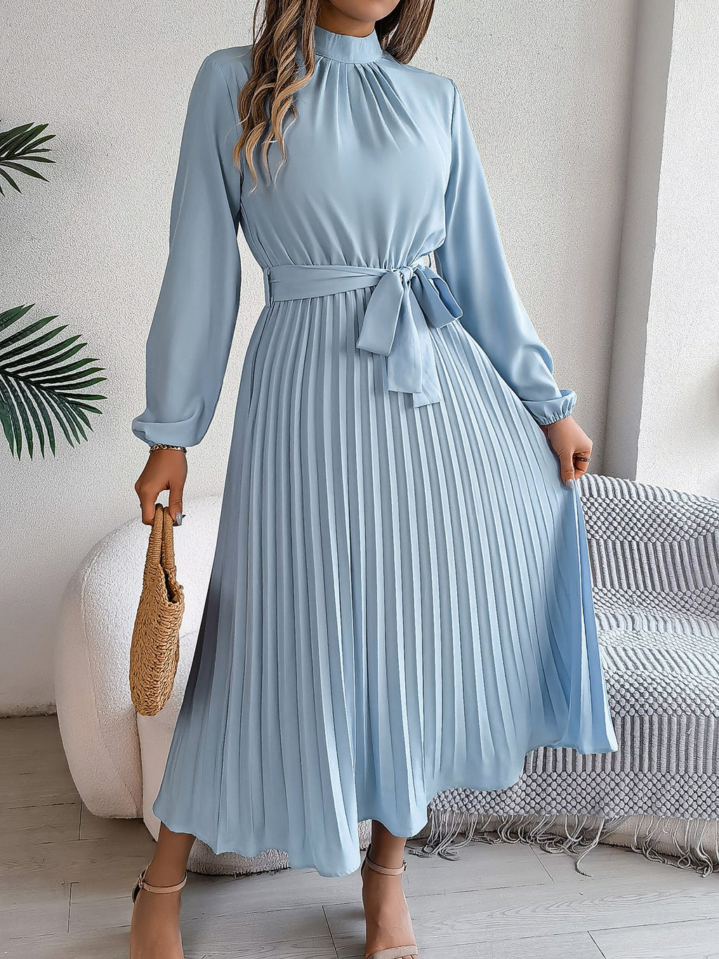 GR | Elegante Stehkragen Taillierter Plissierter Langer Rock kleines Kleid