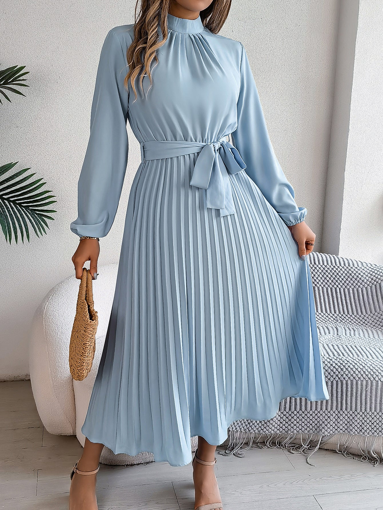 GR | Elegante Stehkragen Taillierter Plissierter Langer Rock kleines Kleid