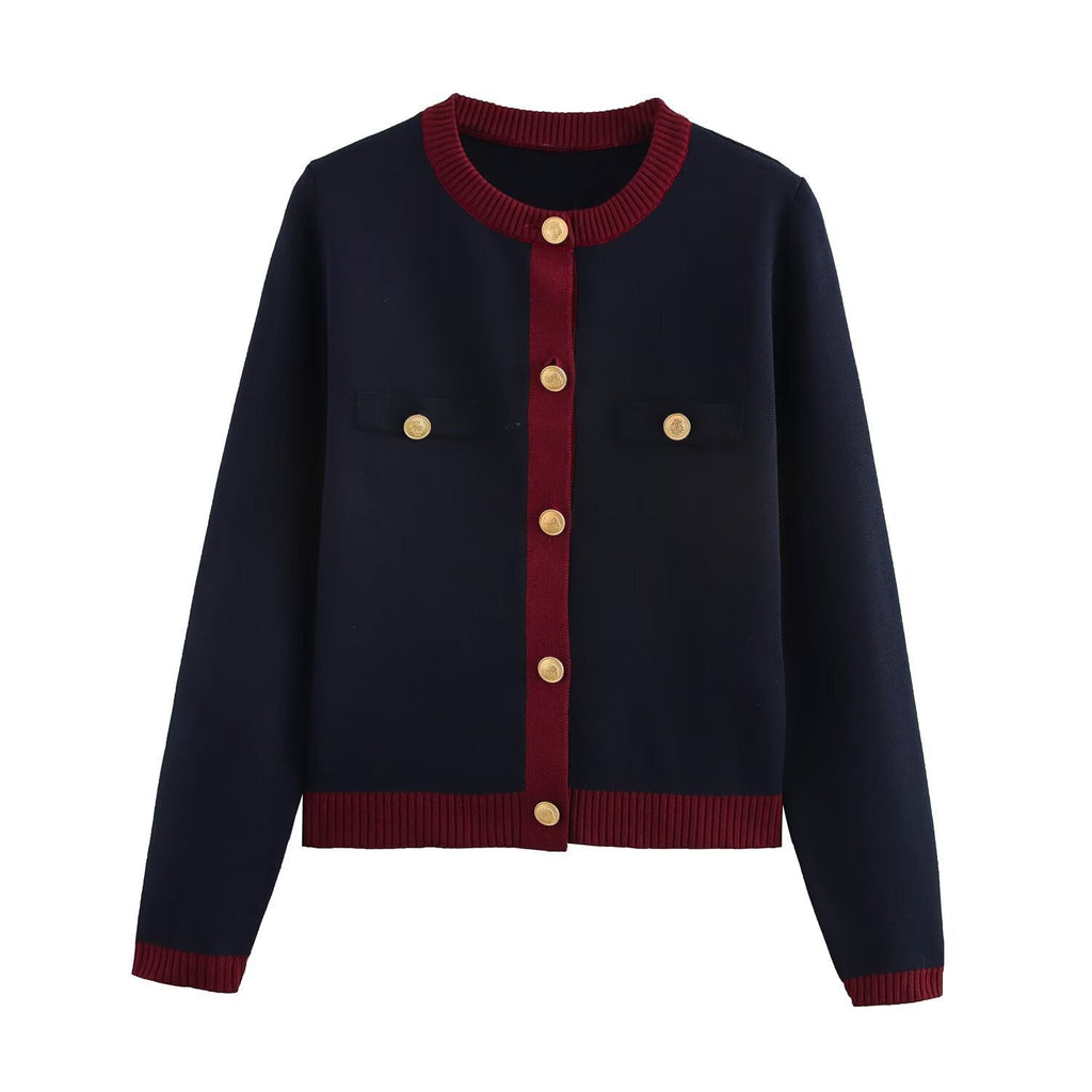 GR | Frühling Goldene Knopf Kontrast Strick Cardigan Top