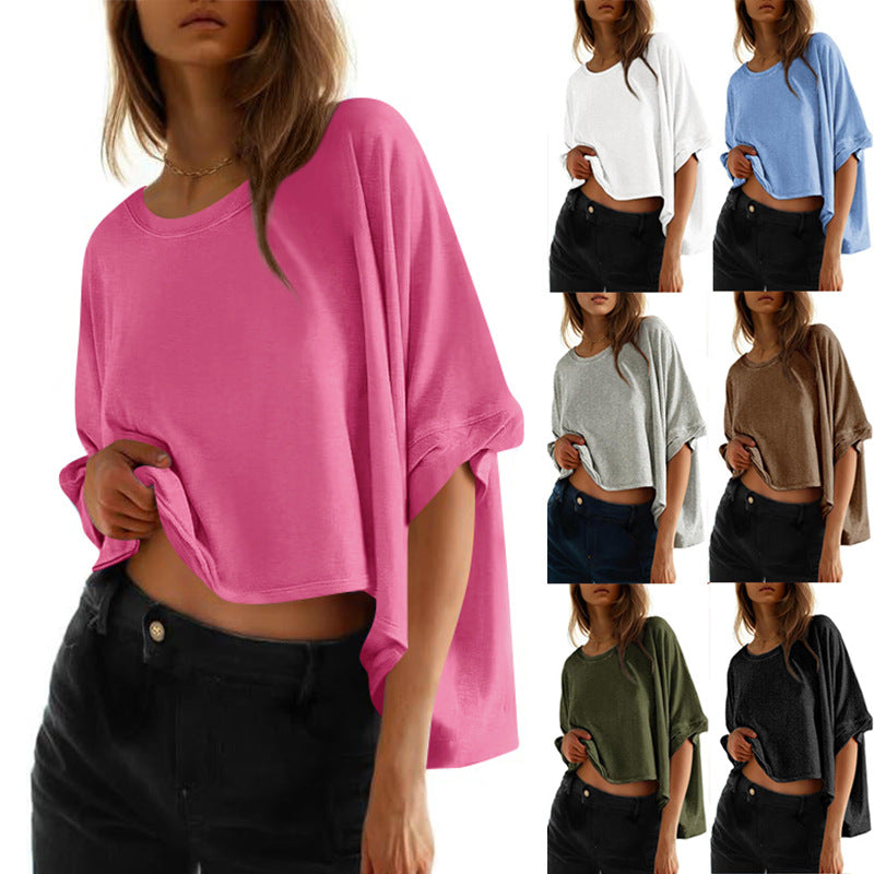 Women's casual cropped top with wide sleeves and round neckline, size