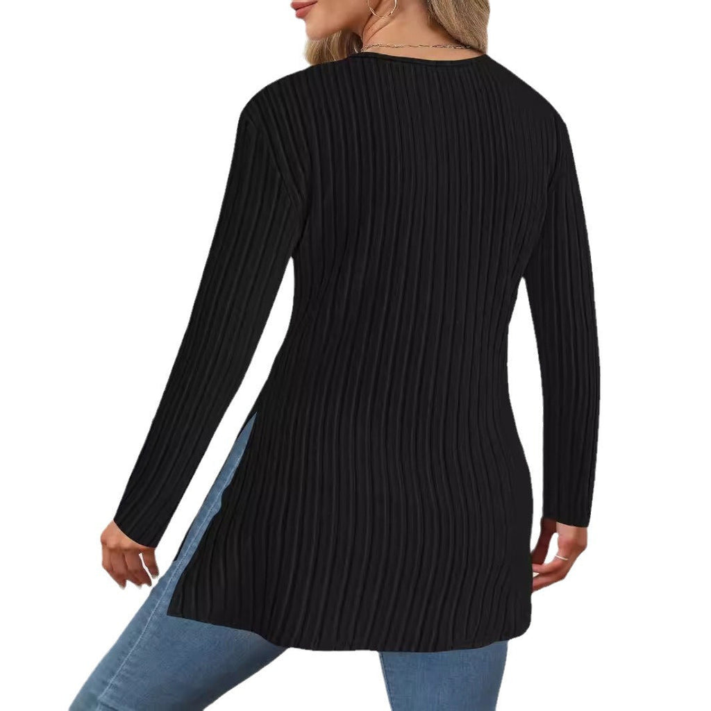 Women's elegant long-sleeved wrap-style shirt with textured ribbed look, size
