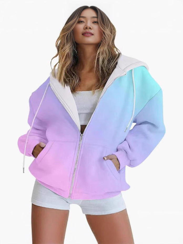 Women's oversized hooded jacket with color gradient and practical pockets, size