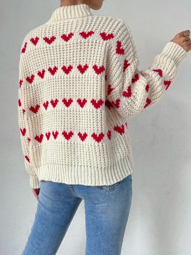 GR Half High Collar Loose Fit Love Heart Jacquard Knit Sweater