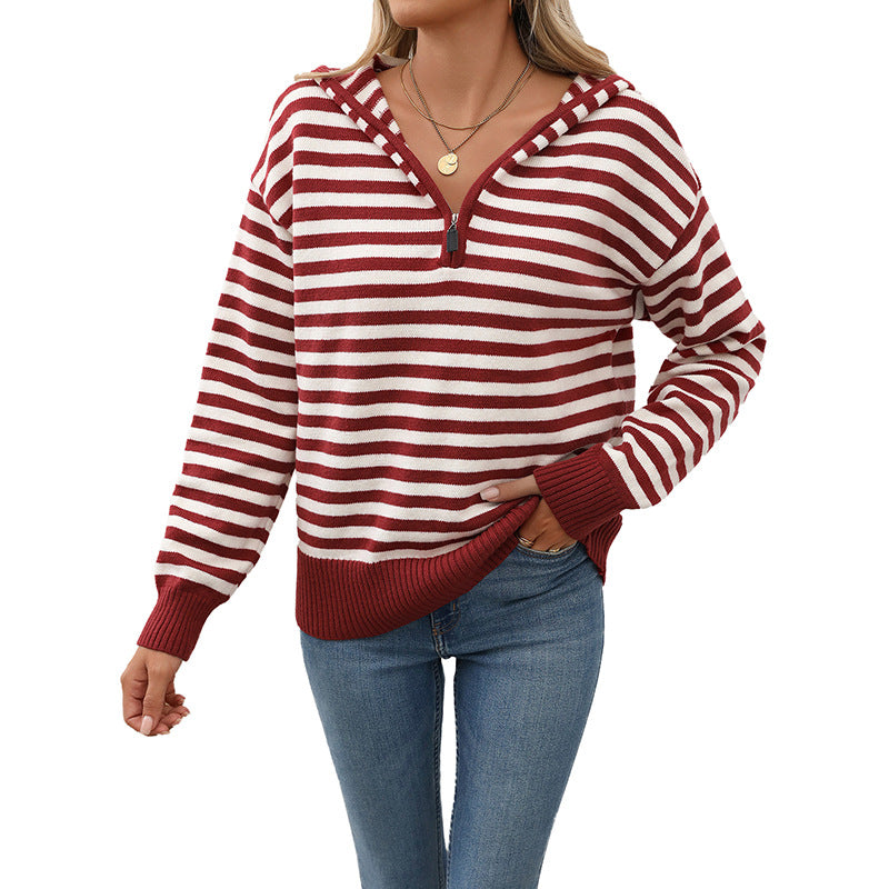 Damen gemütlicher Strickpullover mit modischem Reißverschluss und Streifenmuster GR