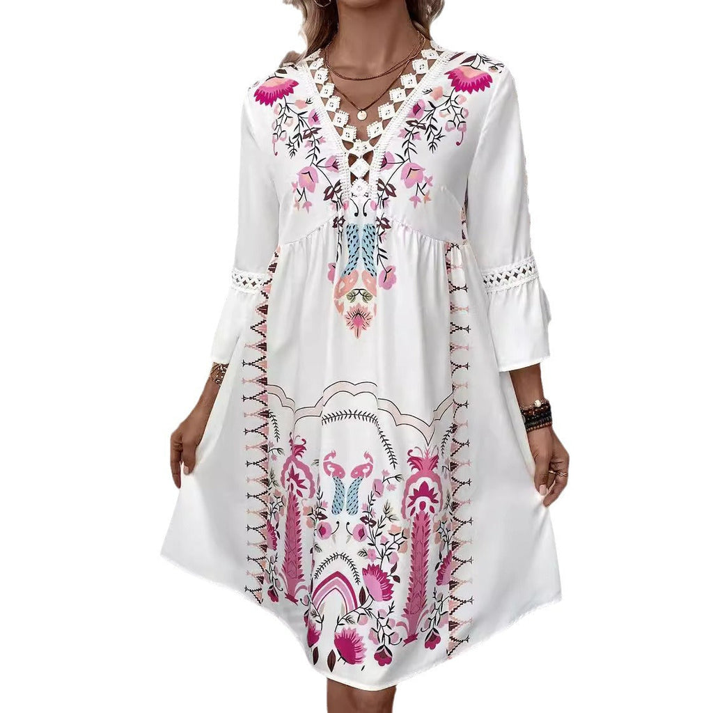 Women's boho-inspired dress with lace details and floral pattern, size S