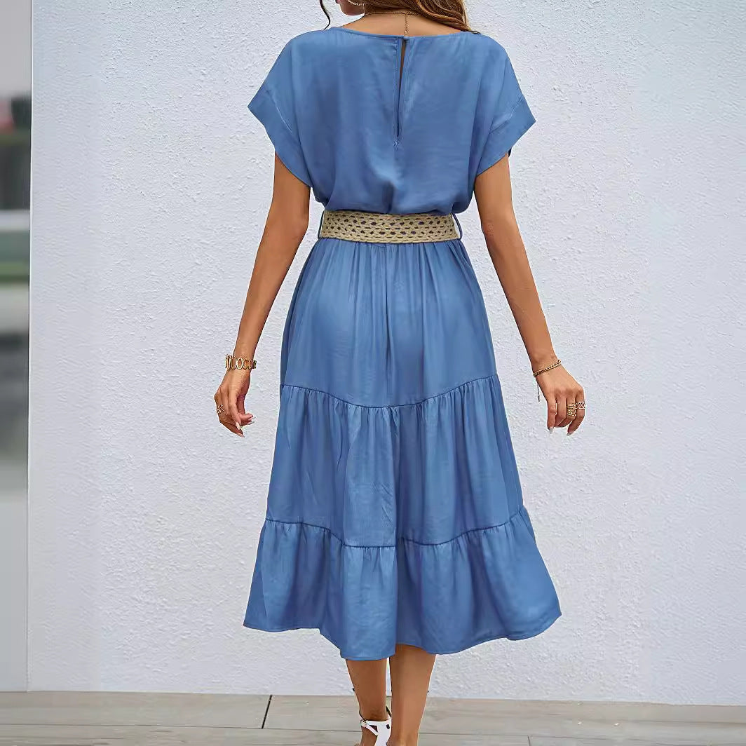 Women's casual midi dress with elegant flounce and adjustable belt, size S