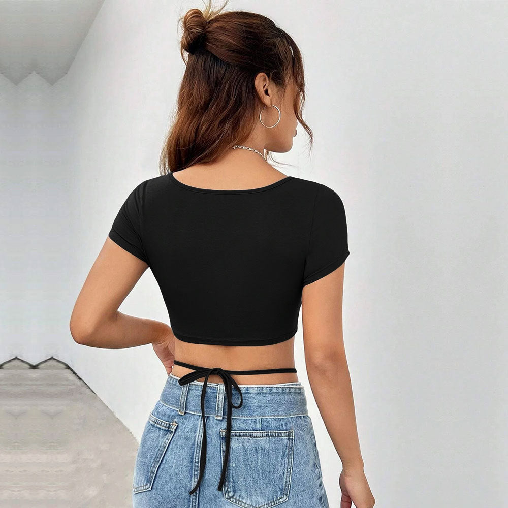 Women's figure-hugging crop top with fashionable cut-out details, size [size]