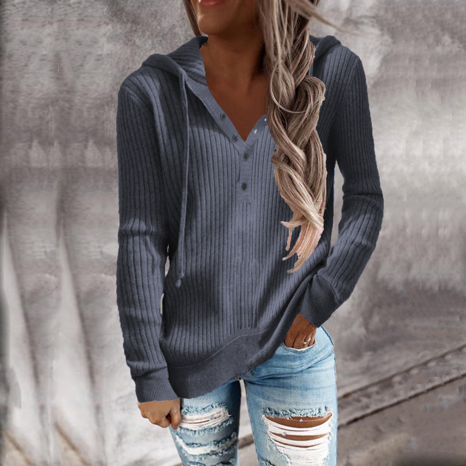 Damen Hoodie mit strukturiertem Rippmuster und knöpfbarem Ausschnitt GR