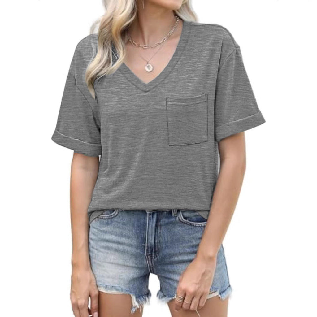 Damen V-Ausschnitt T-Shirt mit Taschen und lässiger Passform GR