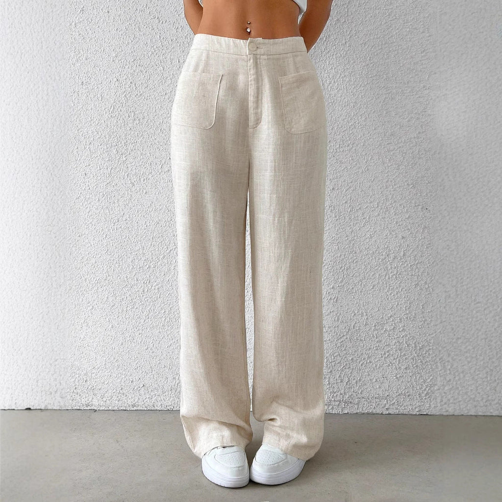 Damen weite Leinenhose mit elastischem Bund und praktischen Taschen GR