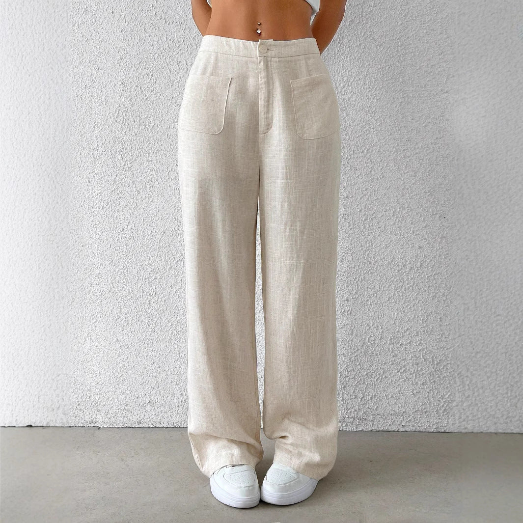 Damen weite Leinenhose mit elastischem Bund und praktischen Taschen GR