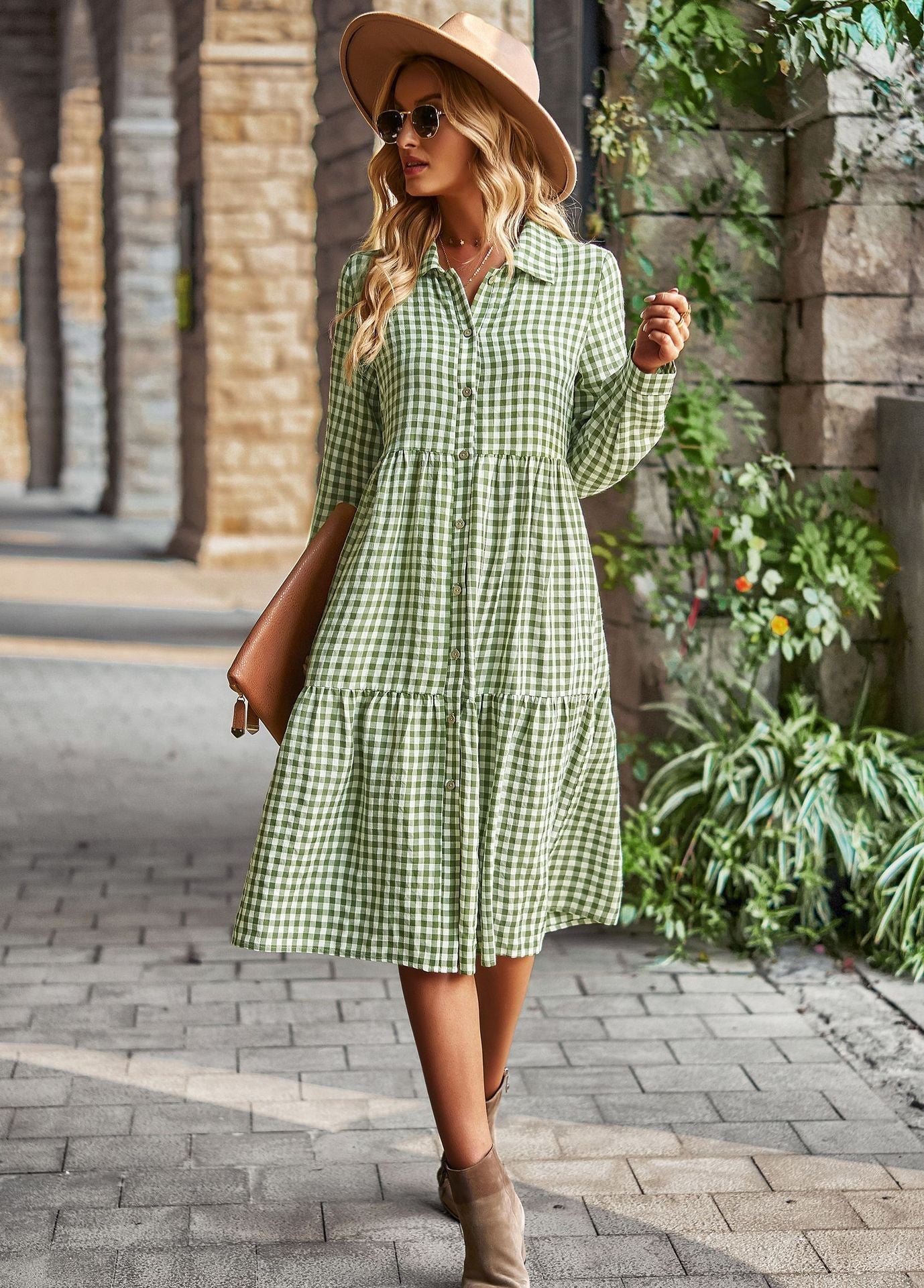 Damen karierte Midi-Bluse mit Knopfleiste und ausgestelltem Rock GR