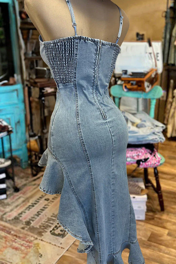 GR | Ruffled hem denim split dress