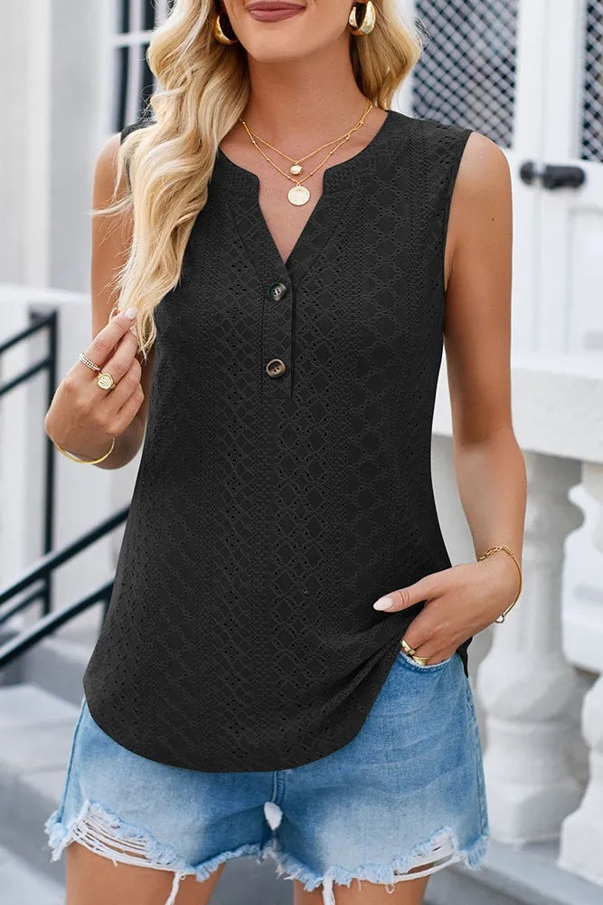 Women's sleeveless blouse top with button-decorated details and fine openwork pattern, size S